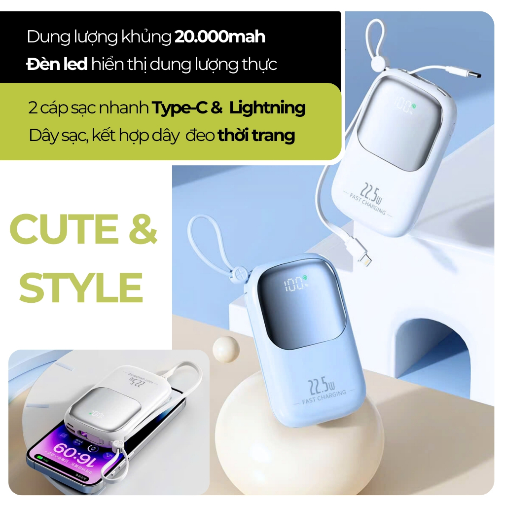 Sạc Dự Phòng HUBBFAST-ECO20 20.000mAh. Hỗ Trợ Sạc Nhanh, Kèm Dây, Màn Hình LED Hiển Thị Dung Lượng