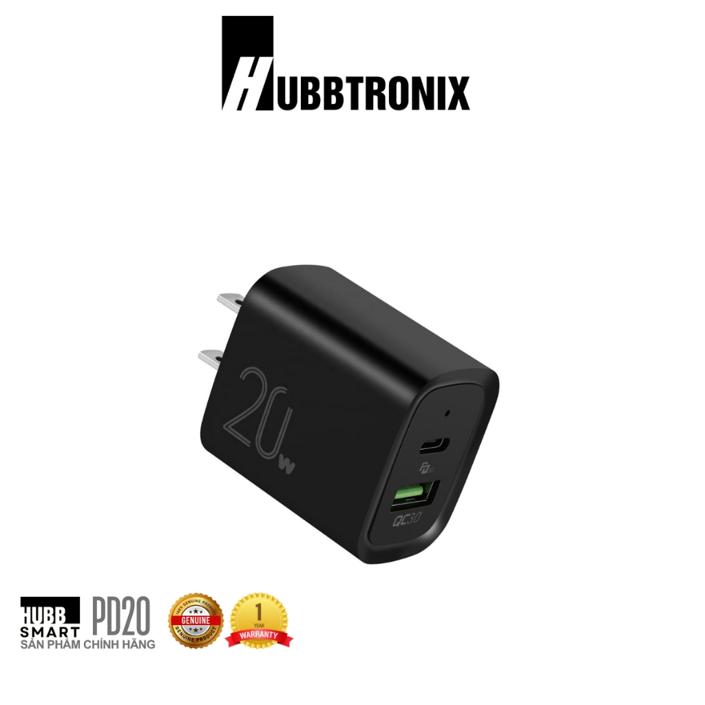 Cốc Sạc Nhanh CS-PD20W HubbSmart, 2 Cổng, PD & QC 3.0, 20W, Sạc Điện Thoại, Chính Hãng BH 18T