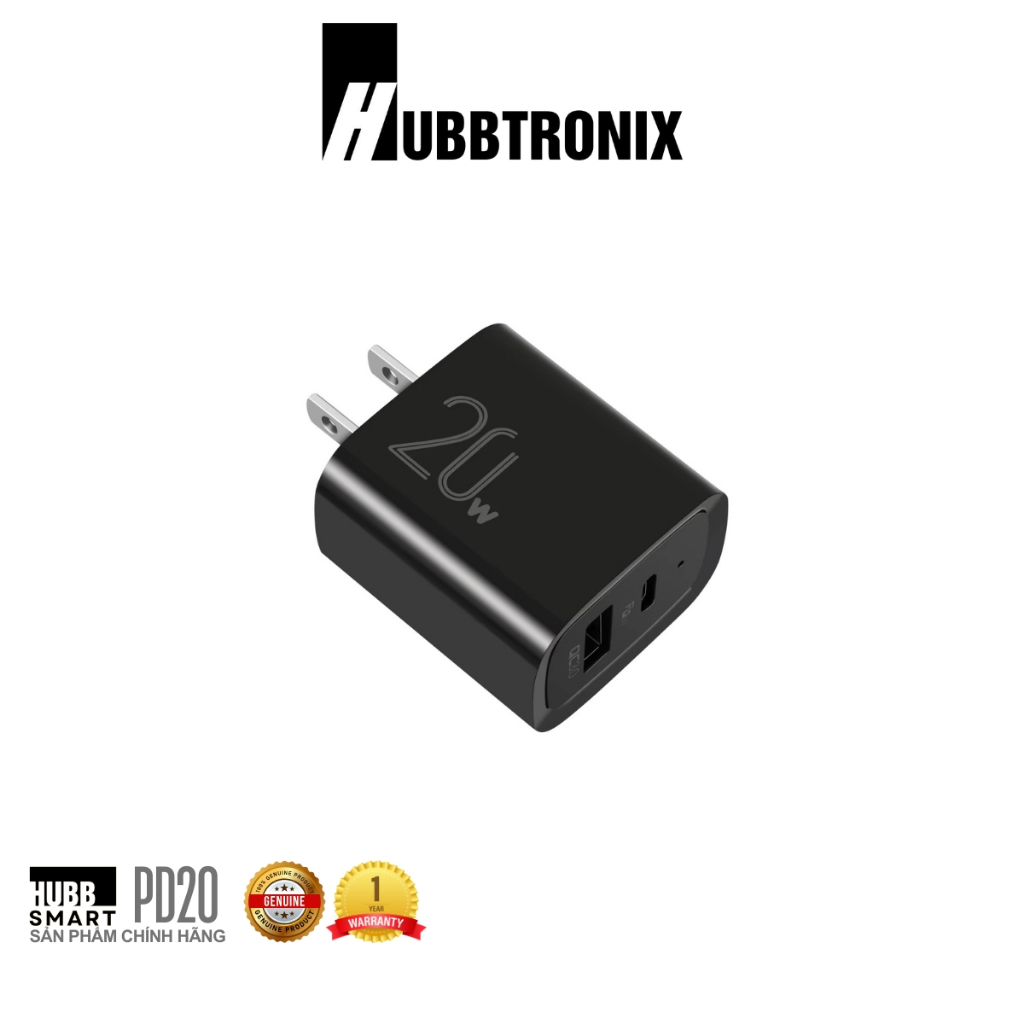 Cốc Sạc Nhanh CS-PD20W HubbSmart, 2 Cổng, PD & QC 3.0, 20W, Sạc Điện Thoại, Chính Hãng BH 18T