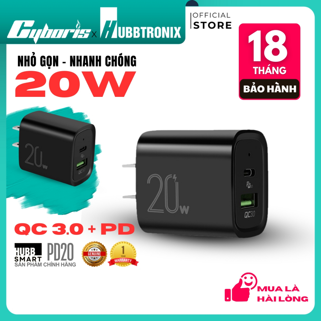 Cốc Sạc Nhanh CS-PD20W HubbSmart, 2 Cổng, PD & QC 3.0, 20W, Sạc Điện Thoại, Chính Hãng BH 18T