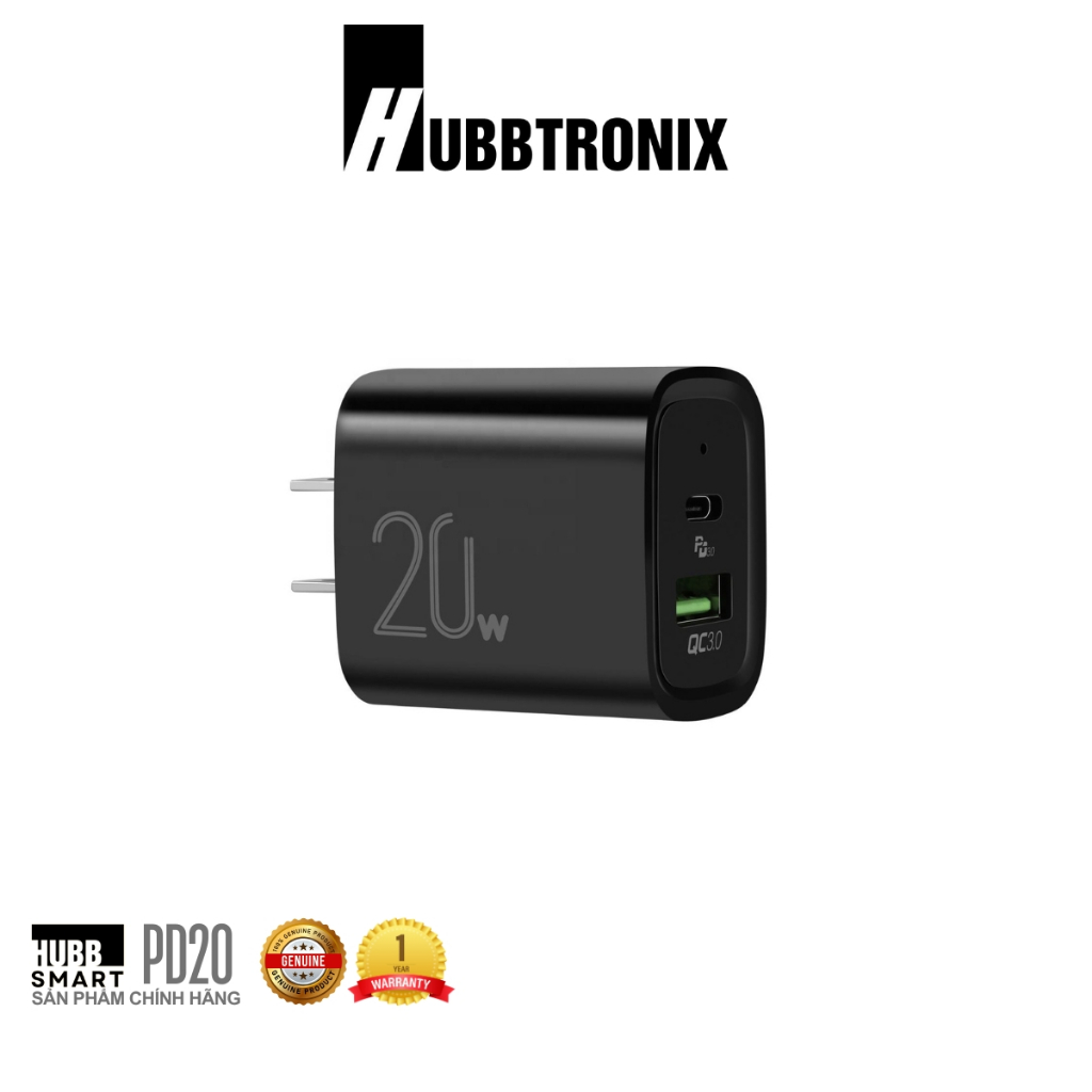Cốc Sạc Nhanh CS-PD20W HubbSmart, 2 Cổng, PD & QC 3.0, 20W, Sạc Điện Thoại, Chính Hãng BH 18T
