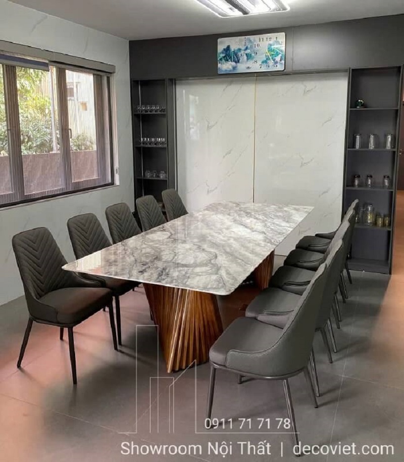 bàn ăn 10 ghế chân gỗ mặt đá 