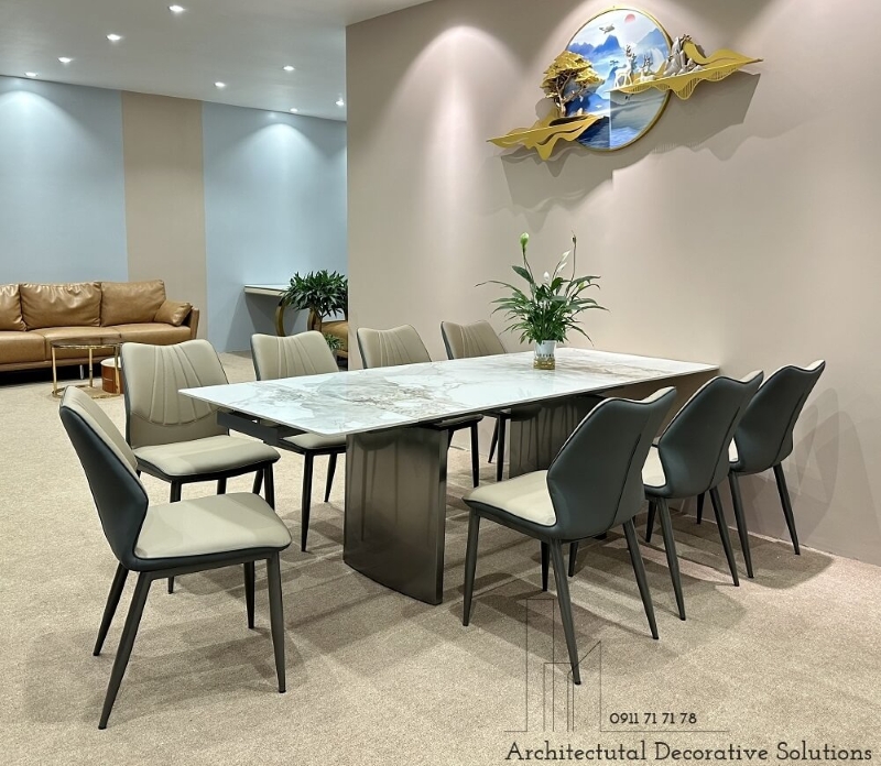 bàn ăn thông minh thiết kế chân trụ, mặt bàn đá cao cấp 