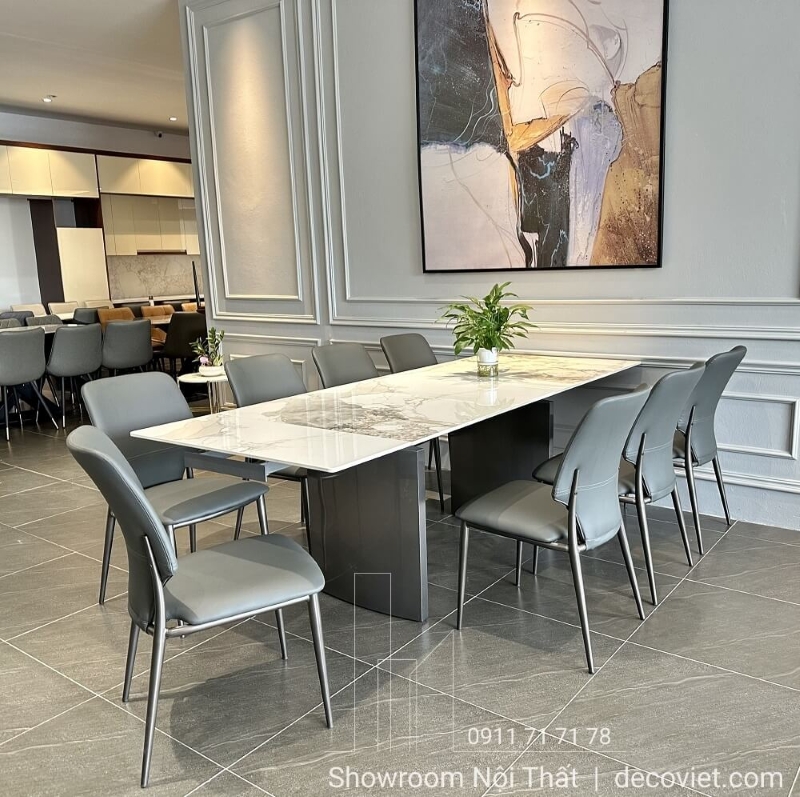 bàn ăn mặt đá kéo dài thông minh phù hợp gia đình 6-8 người 