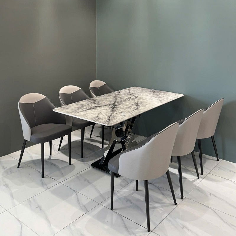 Bàn Ăn 6 Ghế Mặt Đá Chân Inox 2711S