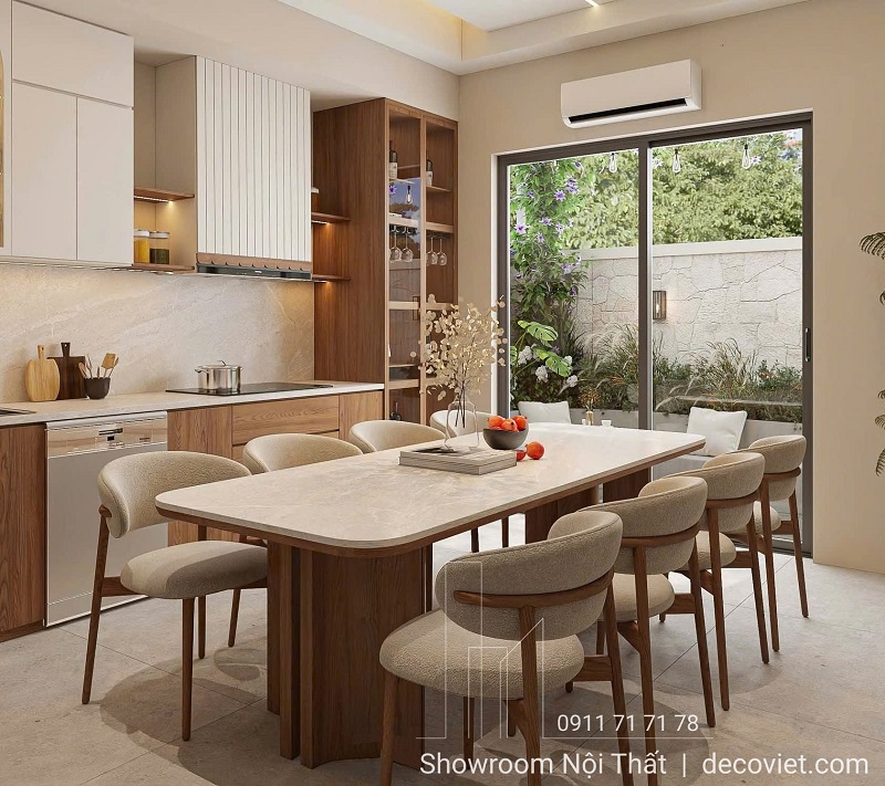 Bàn Ăn Chân Gỗ Mặt Đá 8 Ghế 2690S