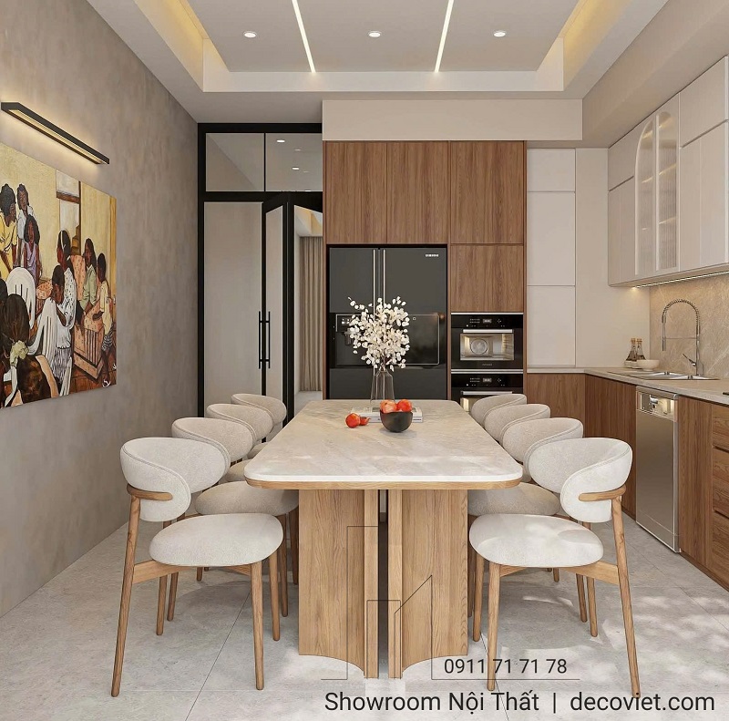 Bàn Ăn Chân Gỗ Mặt Đá 8 Ghế 2690S