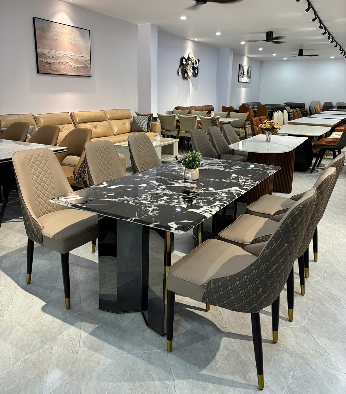 Bàn Ăn Chân Inox Mặt Đá 6 Ghế 2550S