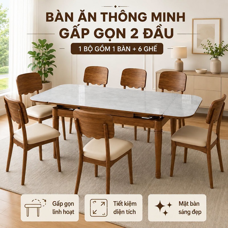 Bộ Bàn Ăn 6 Ghế Kéo Dài 2972S