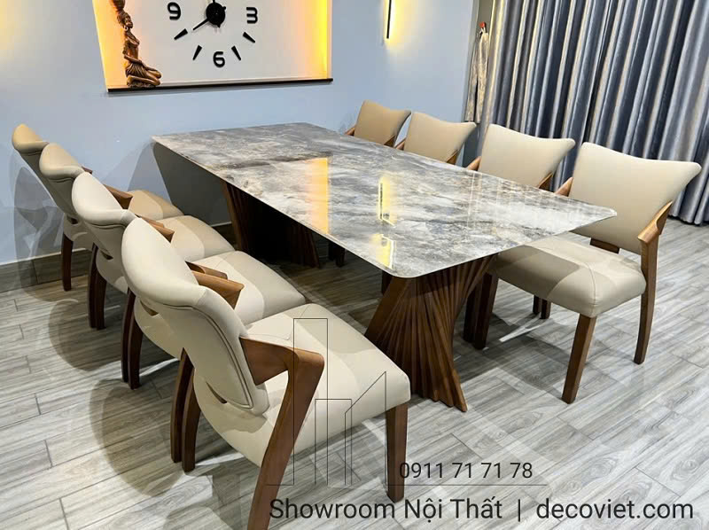 Bộ Bàn Ăn 8 Ghế Chân Gỗ Mặt Đá 2465S