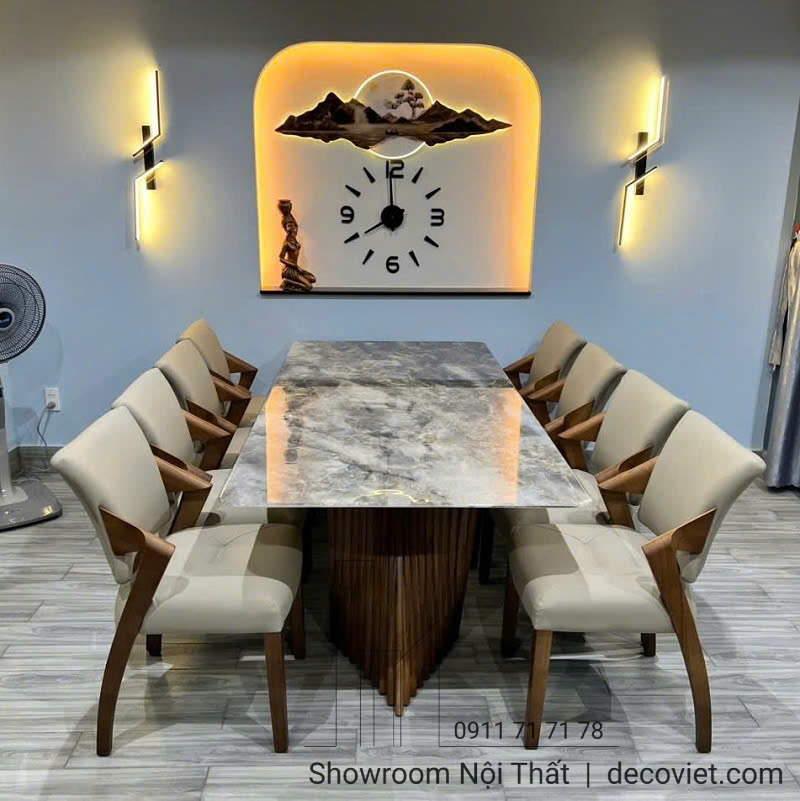 Bộ Bàn Ăn 8 Ghế Chân Gỗ Mặt Đá 2465S
