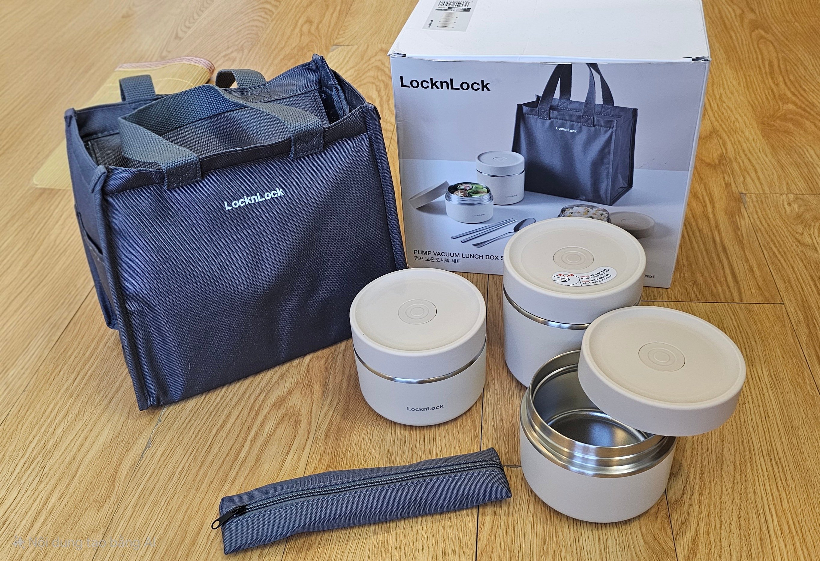 LHC8052S01 - LHC8502S02N - Bộ hộp cơm giữ nhiệt LocknLock Pump Vacuum Lunch box (300ml*2, 500ml*1, bộ đũa và thìa, túi)