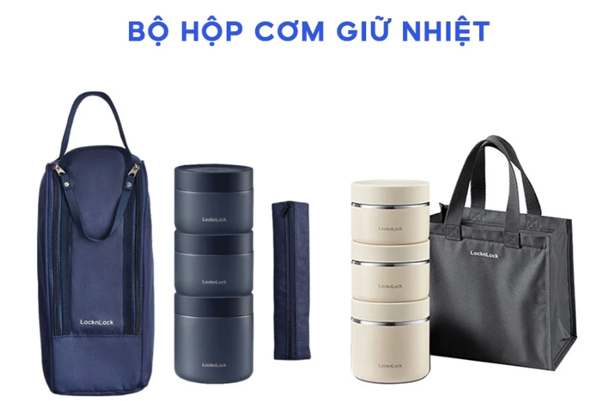 LHC8052S01 - LHC8502S02N - Bộ hộp cơm giữ nhiệt LocknLock Pump Vacuum Lunch box (300ml*2, 500ml*1, bộ đũa và thìa, túi)