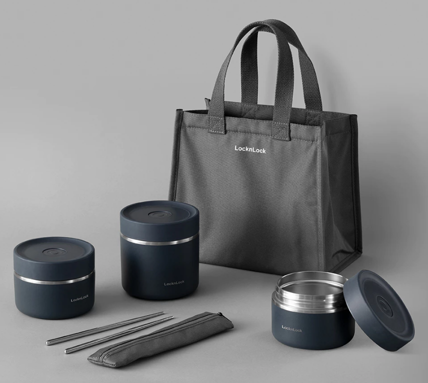 LHC8052S01 - LHC8502S02N - Bộ hộp cơm giữ nhiệt LocknLock Pump Vacuum Lunch box (300ml*2, 500ml*1, bộ đũa và thìa, túi)