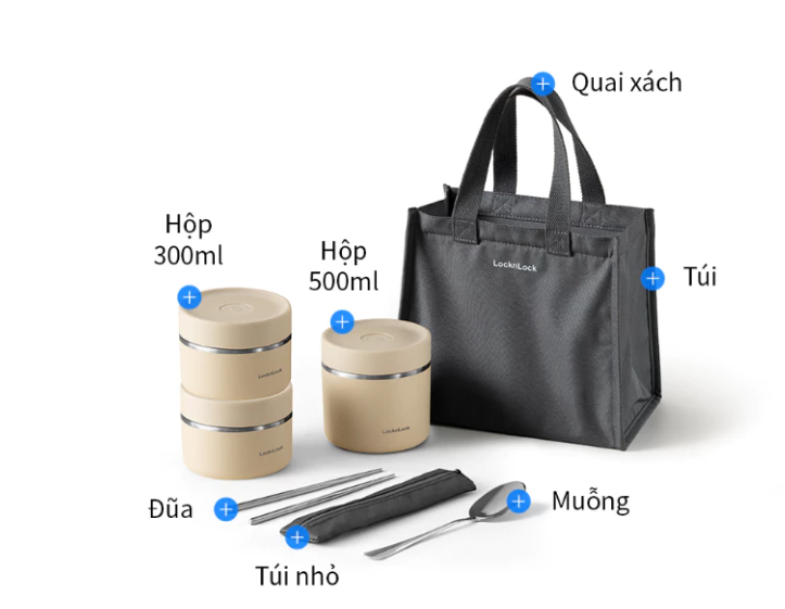 LHC8052S01 - LHC8502S02N - Bộ hộp cơm giữ nhiệt LocknLock Pump Vacuum Lunch box (300ml*2, 500ml*1, bộ đũa và thìa, túi)
