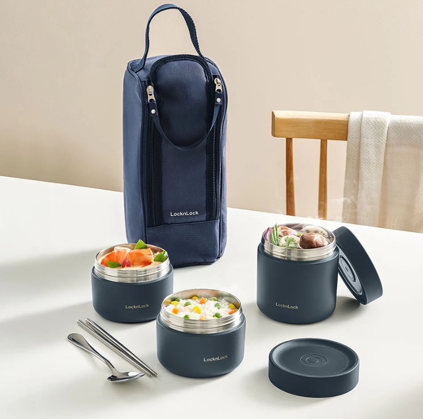 LHC8052S01 - LHC8502S02N - Bộ hộp cơm giữ nhiệt LocknLock Pump Vacuum Lunch box (300ml*2, 500ml*1, bộ đũa và thìa, túi)
