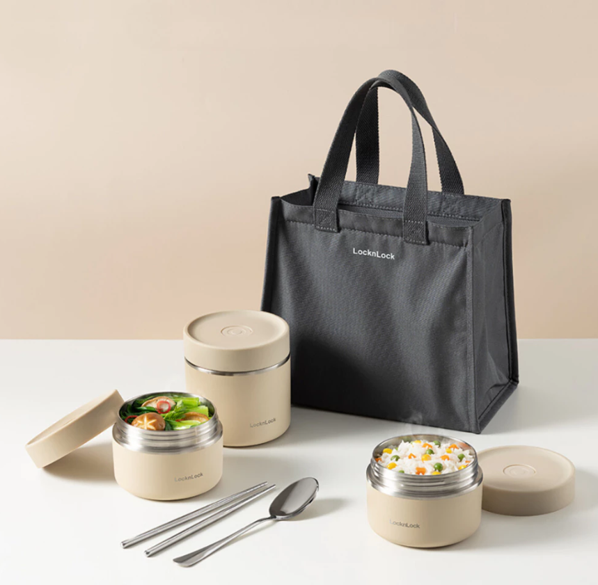 LHC8052S01 - LHC8502S02N - Bộ hộp cơm giữ nhiệt LocknLock Pump Vacuum Lunch box (300ml*2, 500ml*1, bộ đũa và thìa, túi)