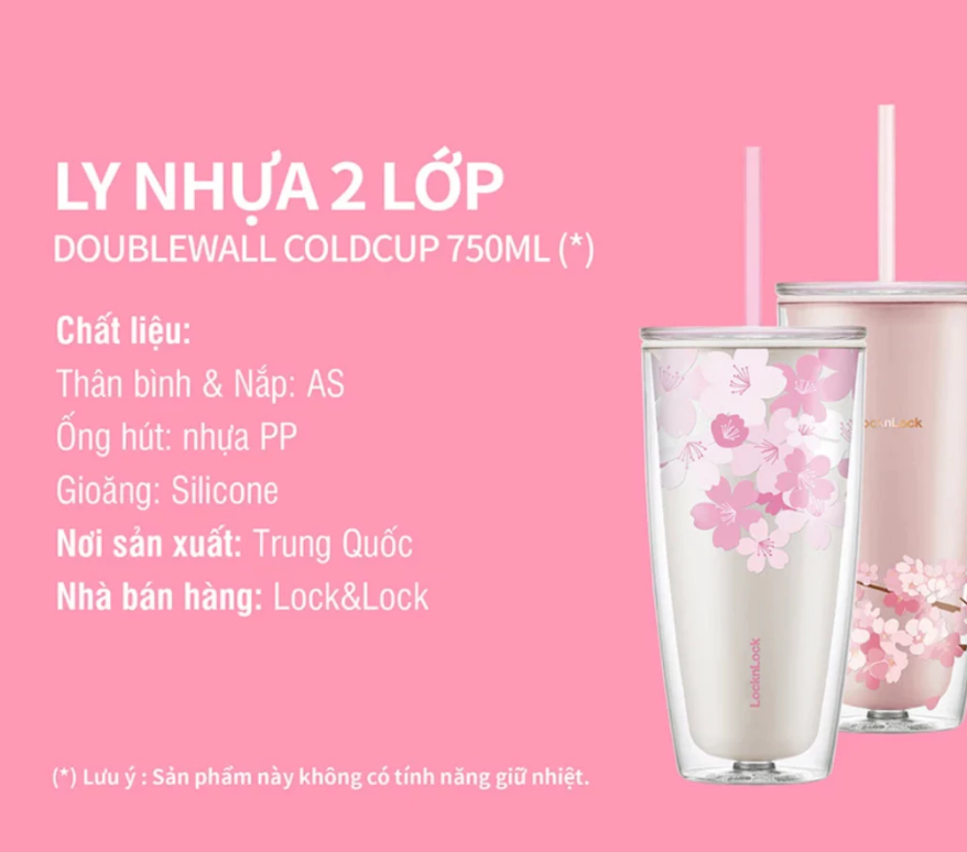 Ly Nhựa Hai Lớp LocknLock Double Wall Cold Cup Cherry Blossom 750ml - 2 Màu- HAP509