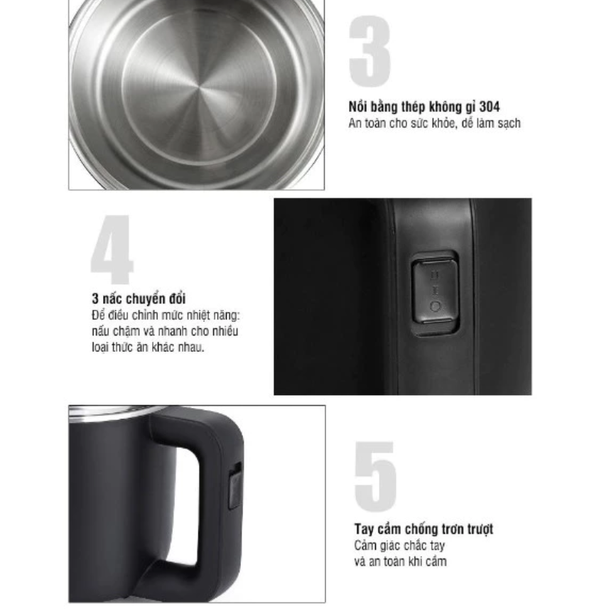 Nồi điện đa năng LocknLock 0.8L Kèm Khay Hấp Trứng, nồi lẩu mini, nấu mì EJP116BLK