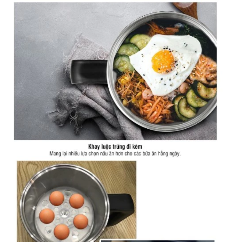 Nồi điện đa năng LocknLock 0.8L Kèm Khay Hấp Trứng, nồi lẩu mini, nấu mì EJP116BLK