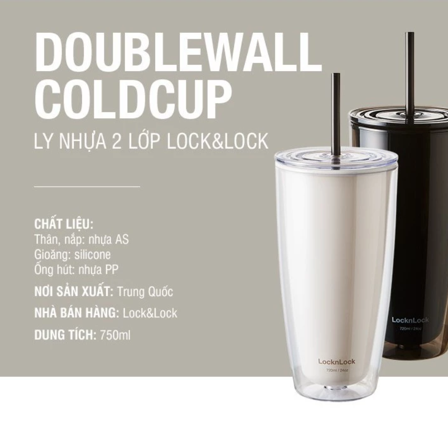 HAP507-Ly nhựa 2 lớp Lock&Lock kèm ống hút 750ml