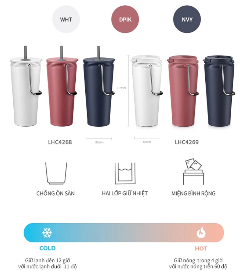 Ly giữ nhiệt LocknLock 540ml có nắp chặn Chính hãng có quai xách tiện lợi LHC4268