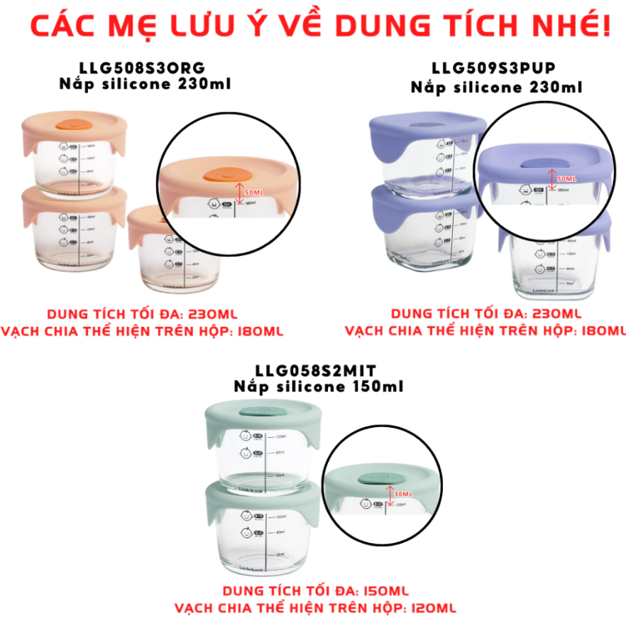 Hộp thủy tinh đựng thức ăn cho bé Lock&Lock có vạch chia 230ml*3 hộp - LLG508S3ORG - LLG508S3 - LLG509S3PUP