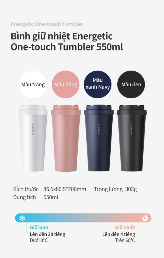 Ly Giữ Nhiệt LocknLock 550ml Mở Nắp 1 Chạm Thép Không Gỉ Nhiều Màu Cute Chính Hãng LHC3249