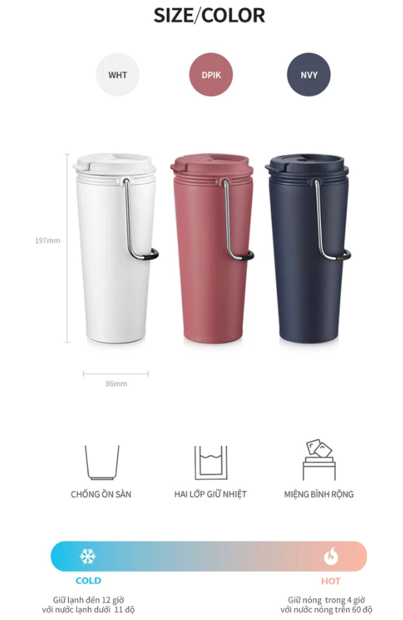 Ly giữ nhiệt LocknLock 540ml LHC4269 Chính hãng, có quai xách, nắp kín để xe hơi có lọc chặn đá