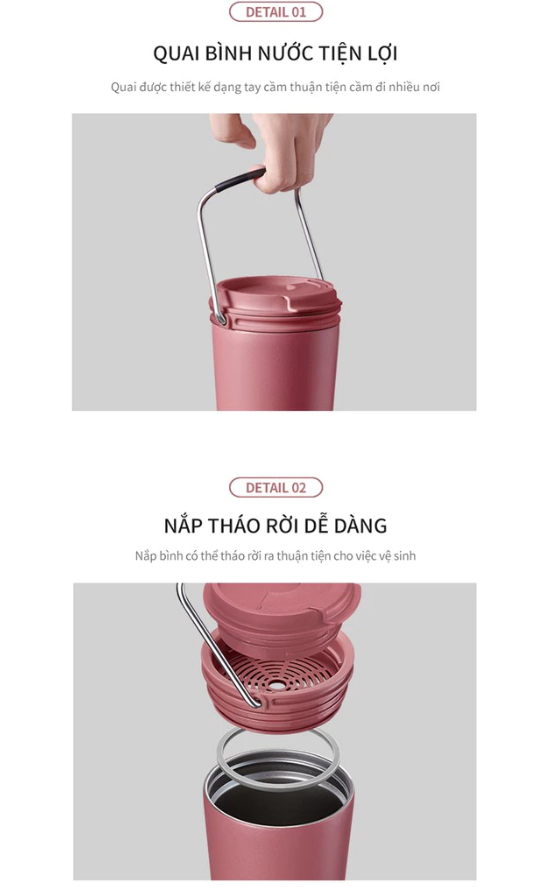 Ly giữ nhiệt LocknLock 540ml LHC4269 Chính hãng, có quai xách, nắp kín để xe hơi có lọc chặn đá