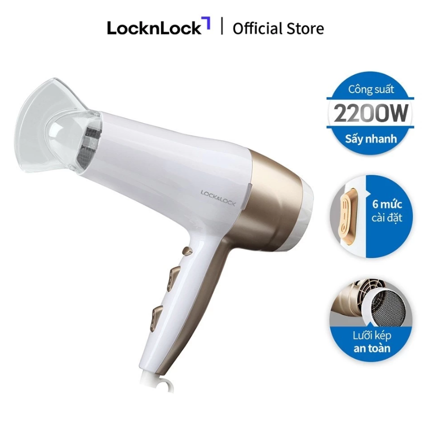 Máy Sấy Tóc LocknLock ENA136WHT 220-240V - 22000W, Hàng Chính Hãng, Sấy Nóng Mát, Đầu Dẹp Tạo Kiểu