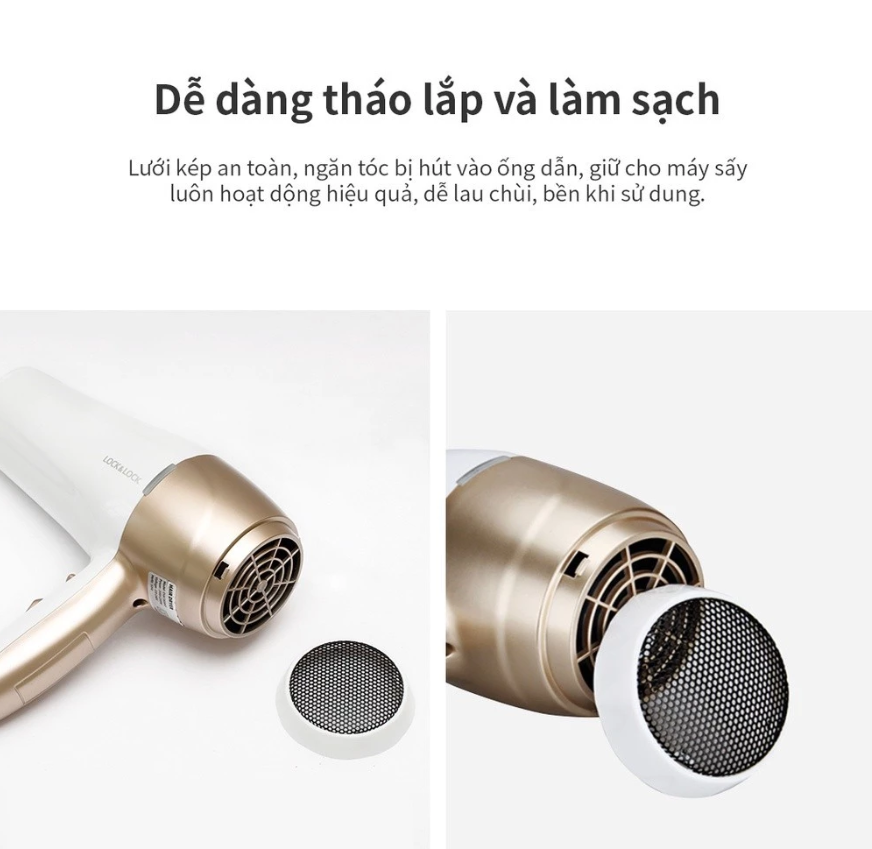 Máy Sấy Tóc LocknLock ENA136WHT 220-240V - 22000W, Hàng Chính Hãng, Sấy Nóng Mát, Đầu Dẹp Tạo Kiểu
