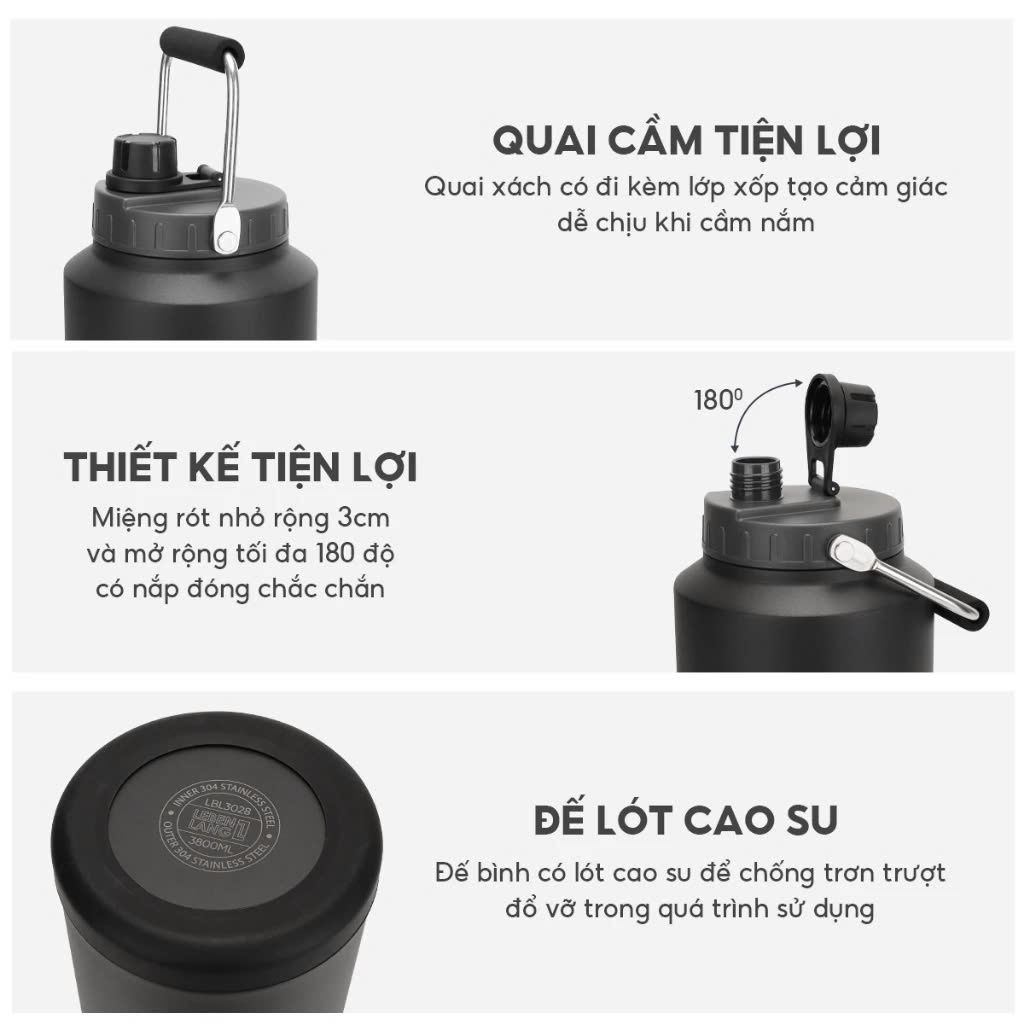 Bình giữ nhiệt LEBENLANG 3.8L Màu Đen - LBL3028