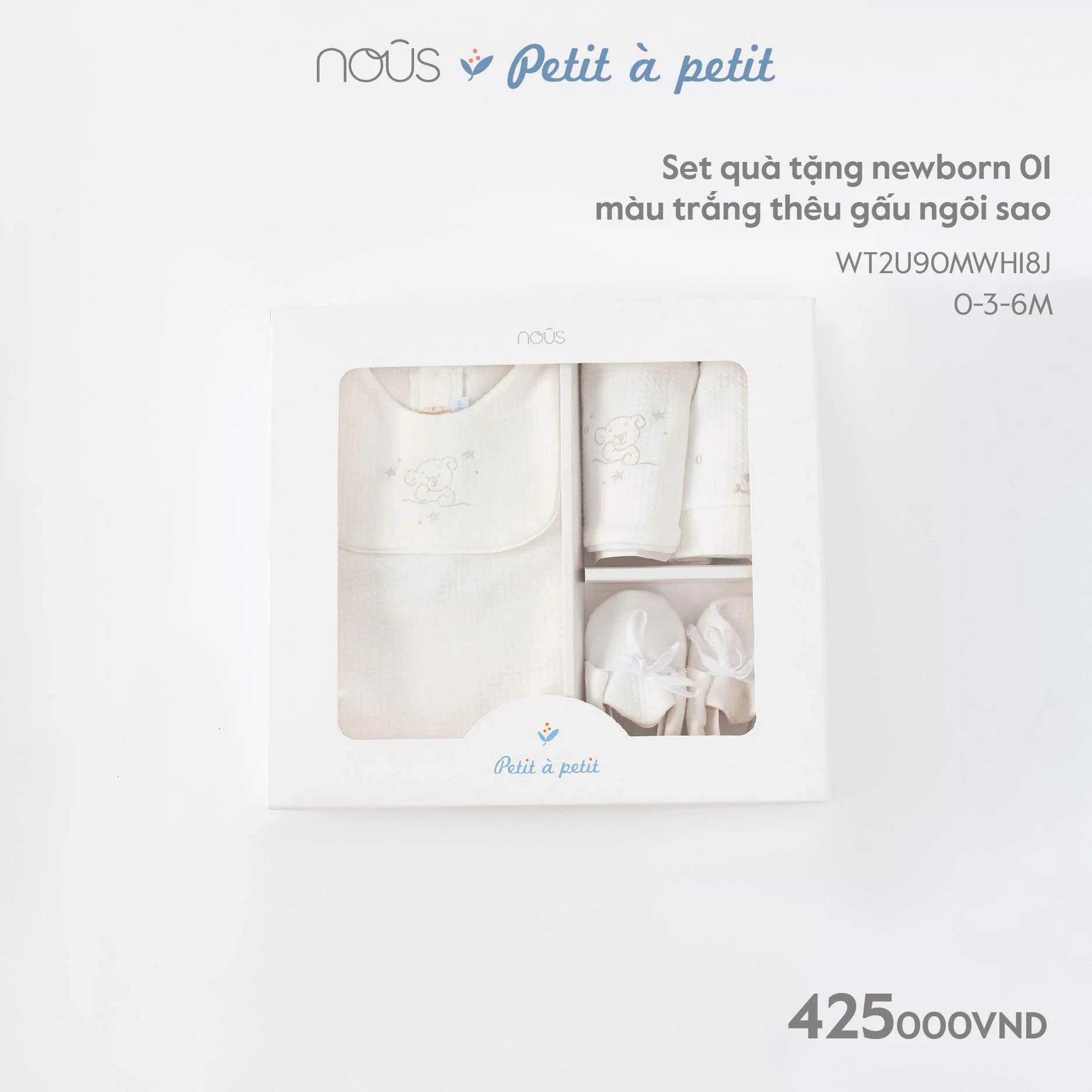 NOUS -  Set quà tặng Newborn 1 màu trắng thêu gấu ngôi sao