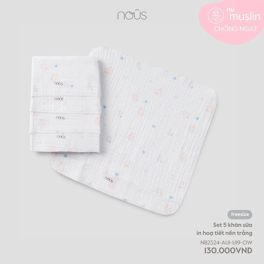 NOUS - Set 5 khăn sữa in hoạ tiết nền trắng