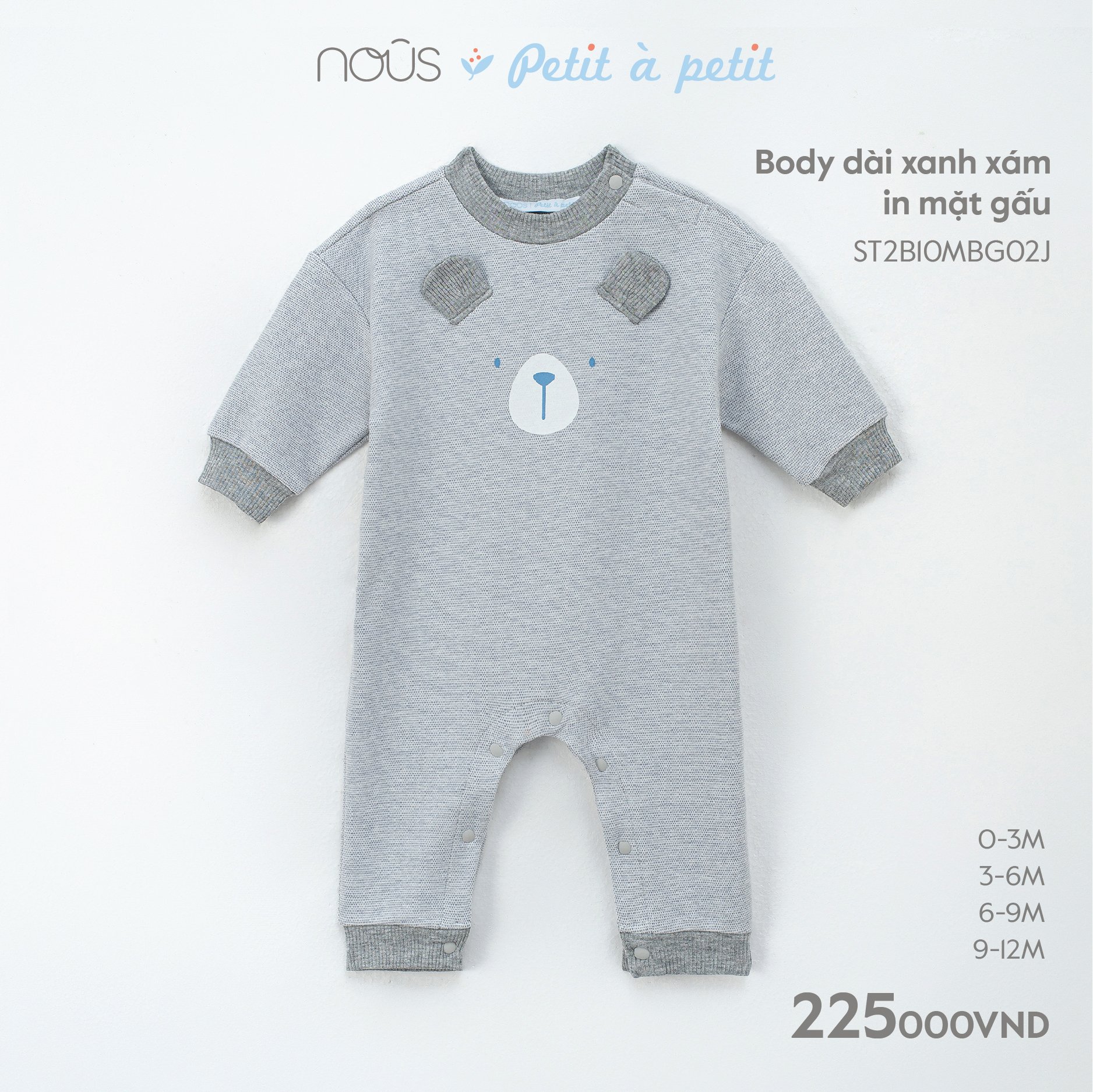 NOUS Body dài xanh xám in mặt Gấu(0-9M)