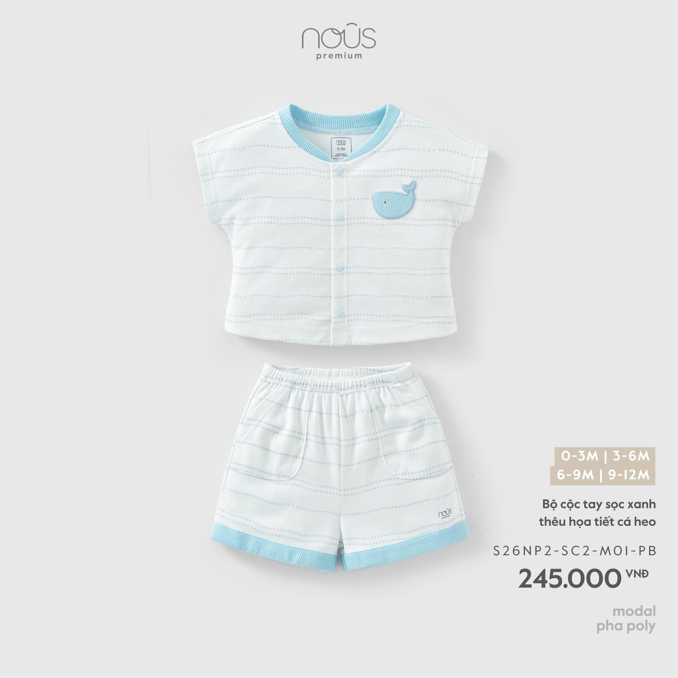 NOUS - Bộ cộc tay sọc xanh thêu họa tiết cá heo (0-12M)