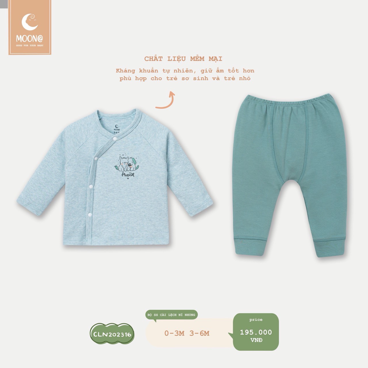 MOON@ Bộ sơ sinh cài lệch nhung(0-6M)