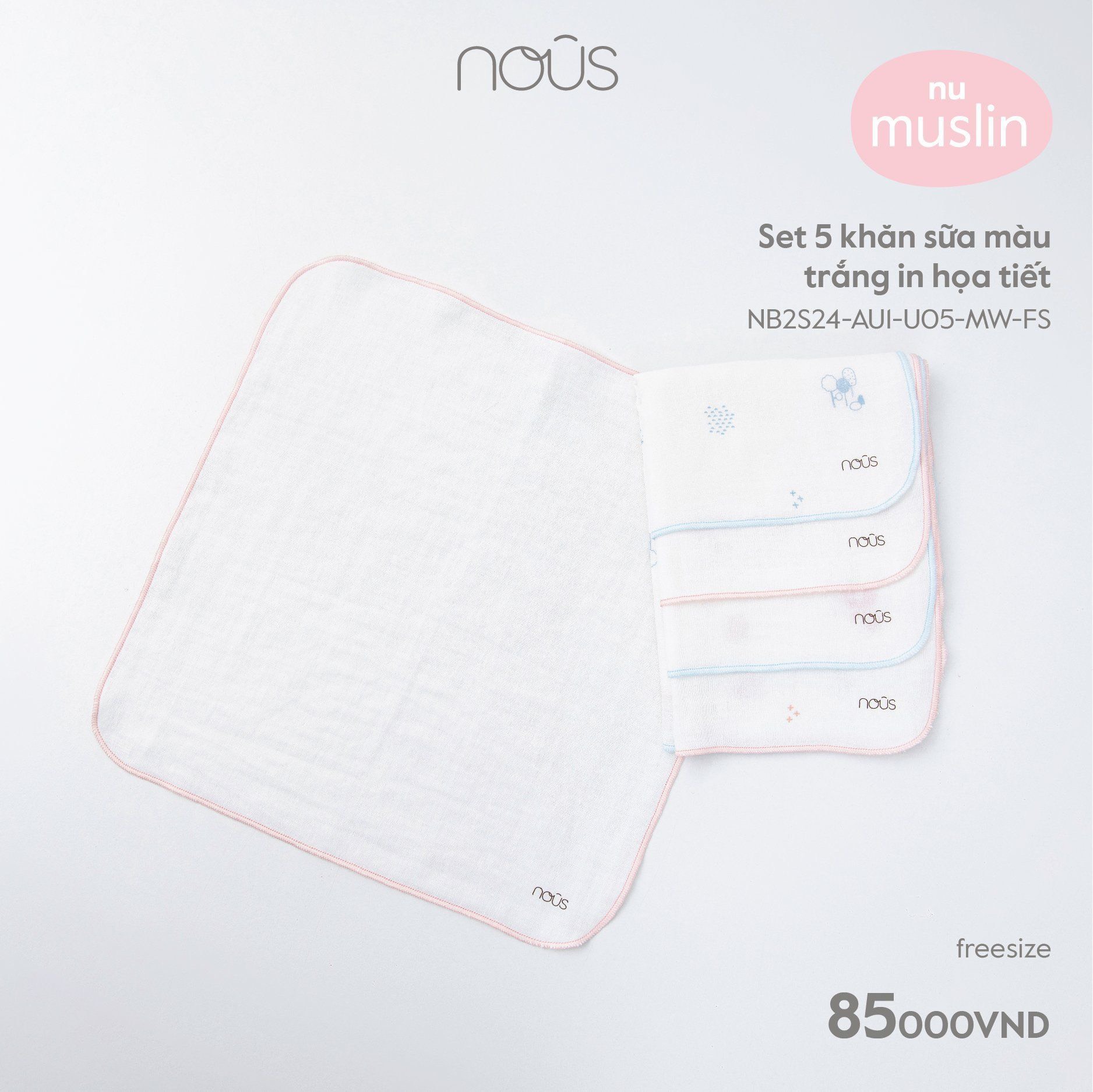 NOUS Set 5 khăn sữa màu trắng in hoạ tiết