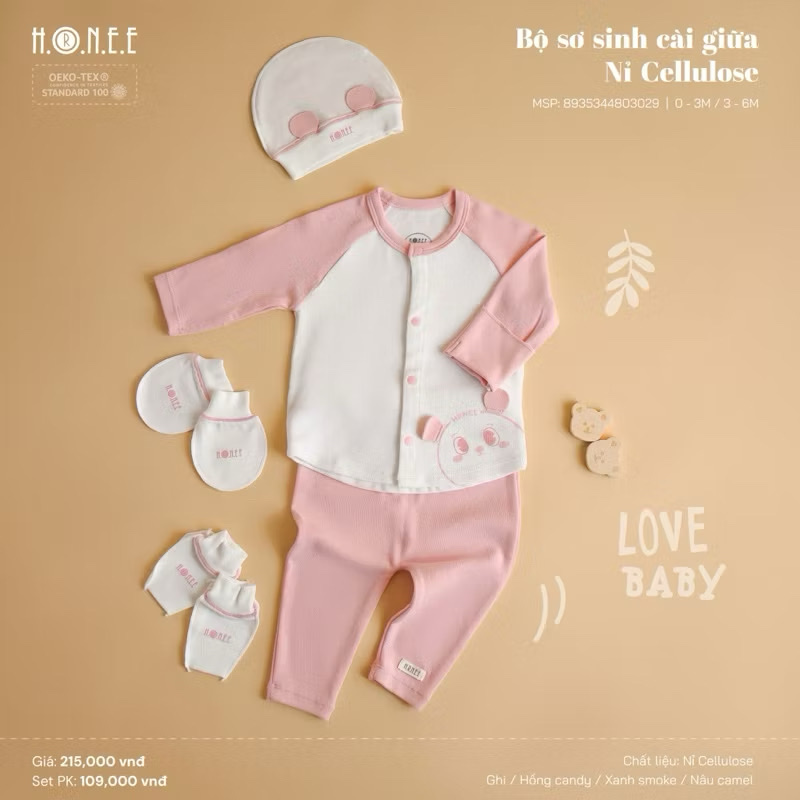 HRNEE - Bộ sơ sinh cài giữa CELLULOSE(0-6M)
