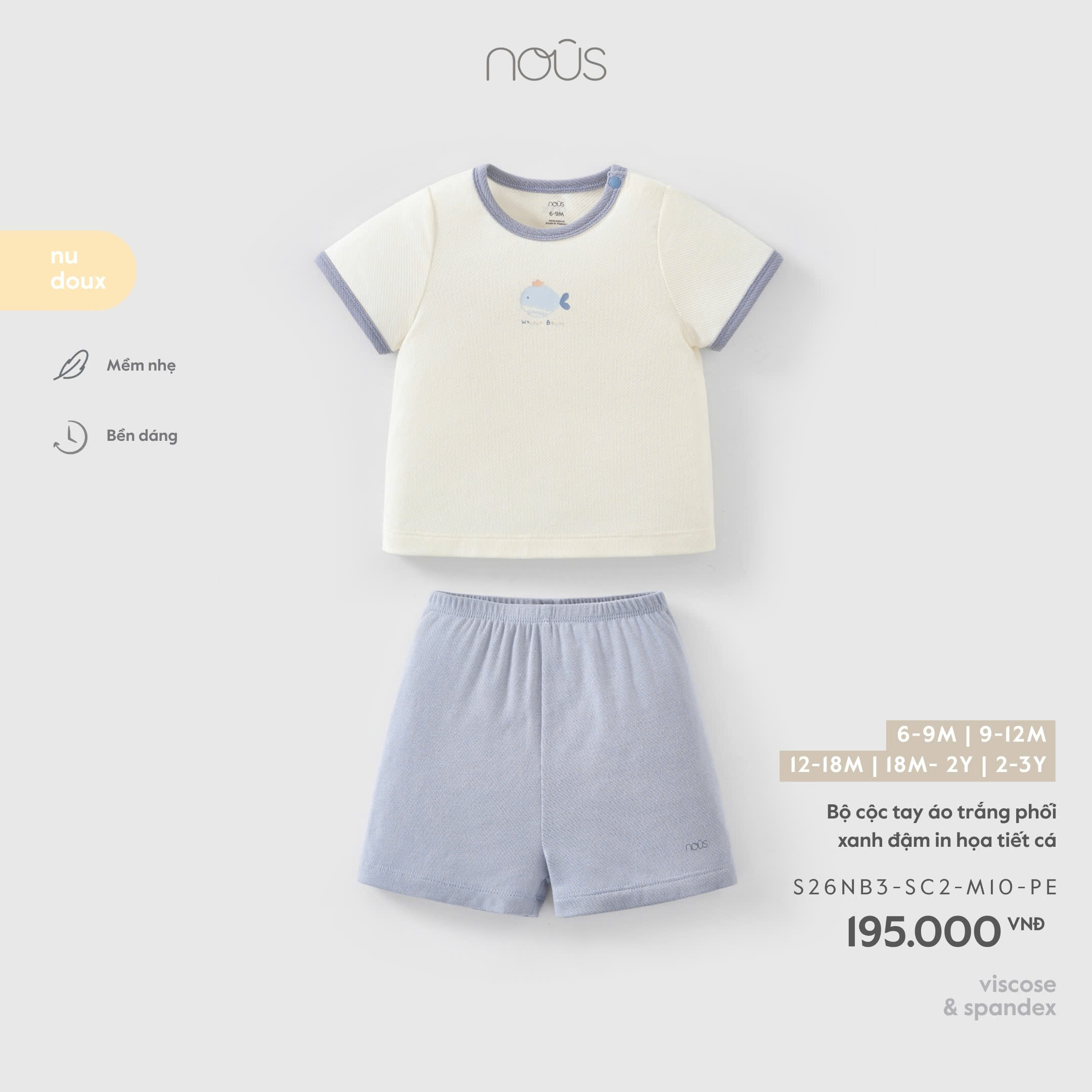 NOUS - Bộ cộc tay áo trắng phối xanh đậm in họa tiết cá (6M-3Y)