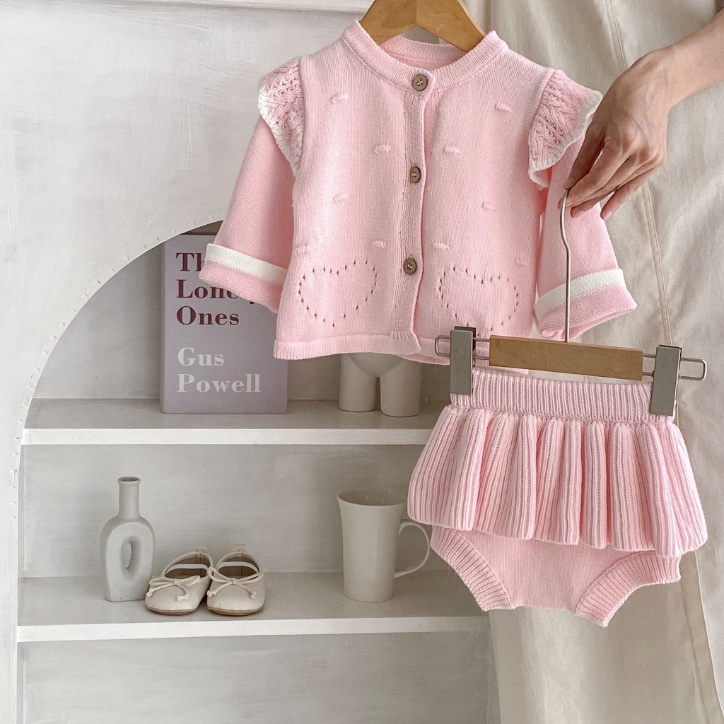 JS Set cardigan len hồng bèo+quần(66-80)