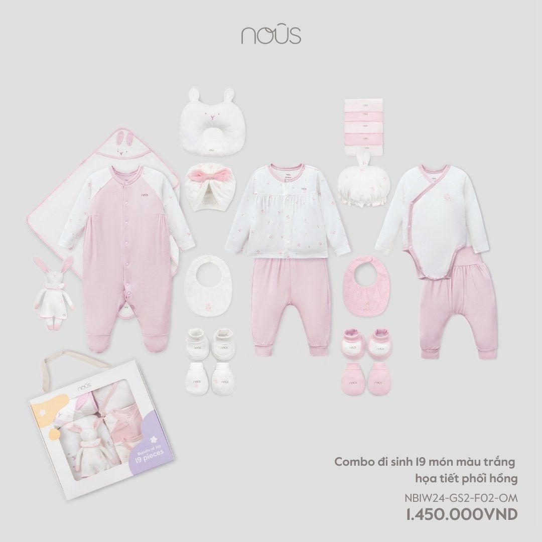 NOUS - Combo đi sinh 19 món màu trắng hoạ tiết phối hồng NB