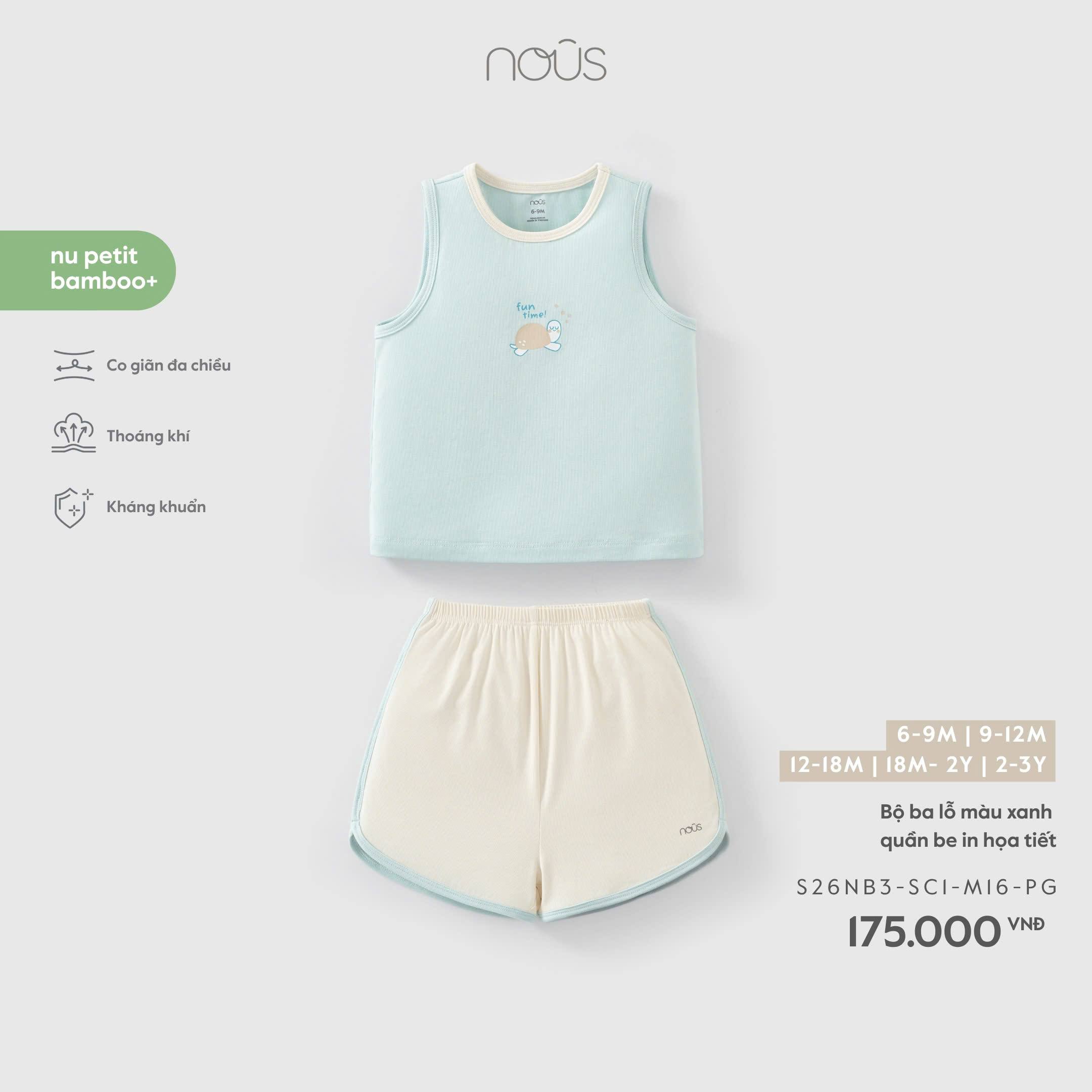 NOUS - Bộ ba lỗ màu xanh quần be in họa tiết  (6M-3Y)