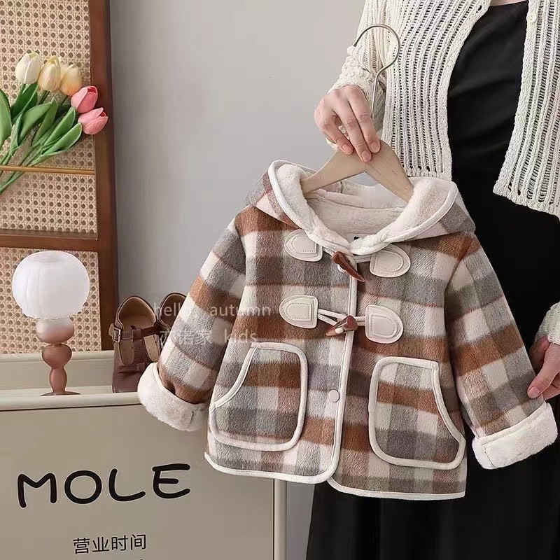 SA Áo khoác dạ kẻ nâu khuy sừng có mũ (90-130)