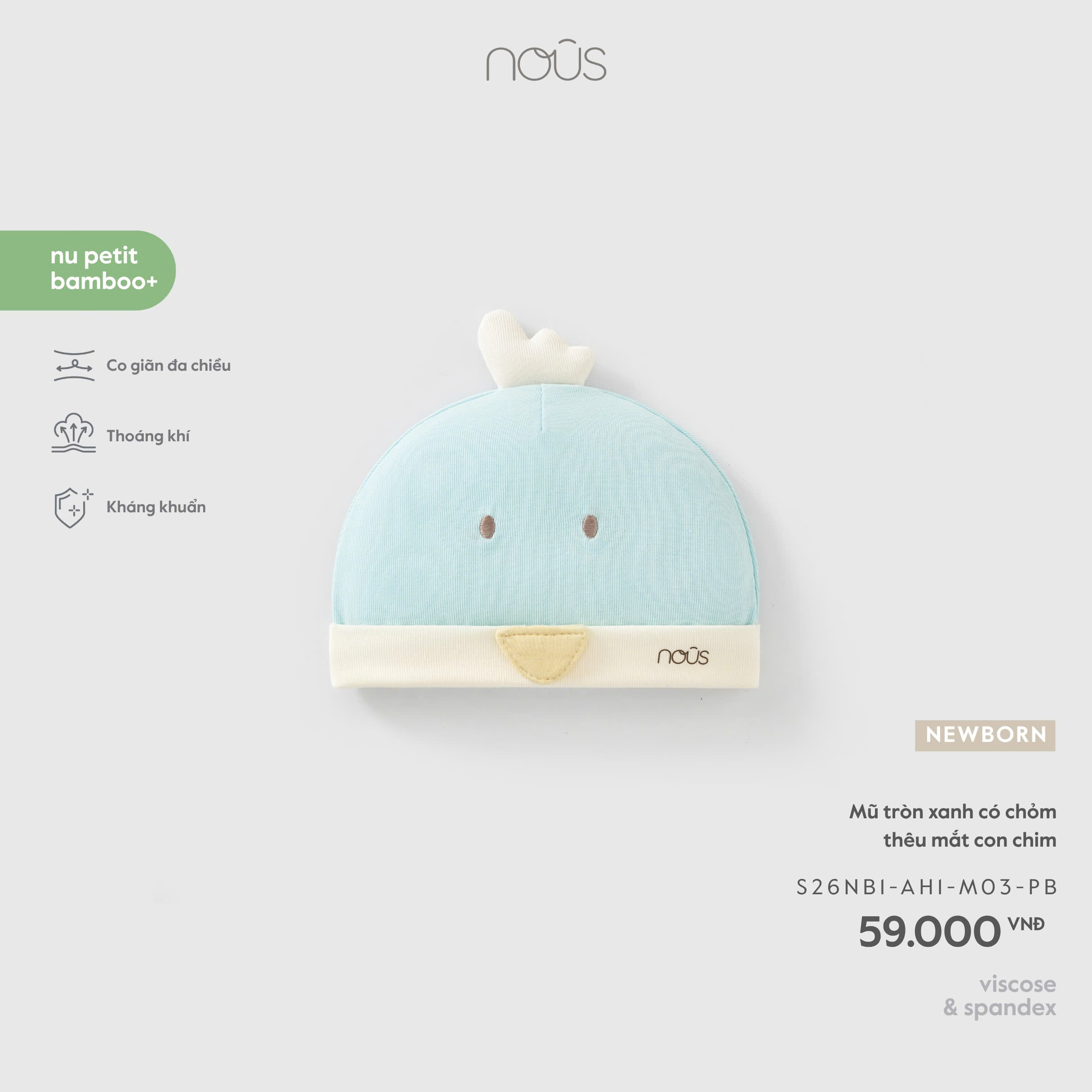 NOUS - Mũ tròn xanh có chỏm thêu mắt con chim NB