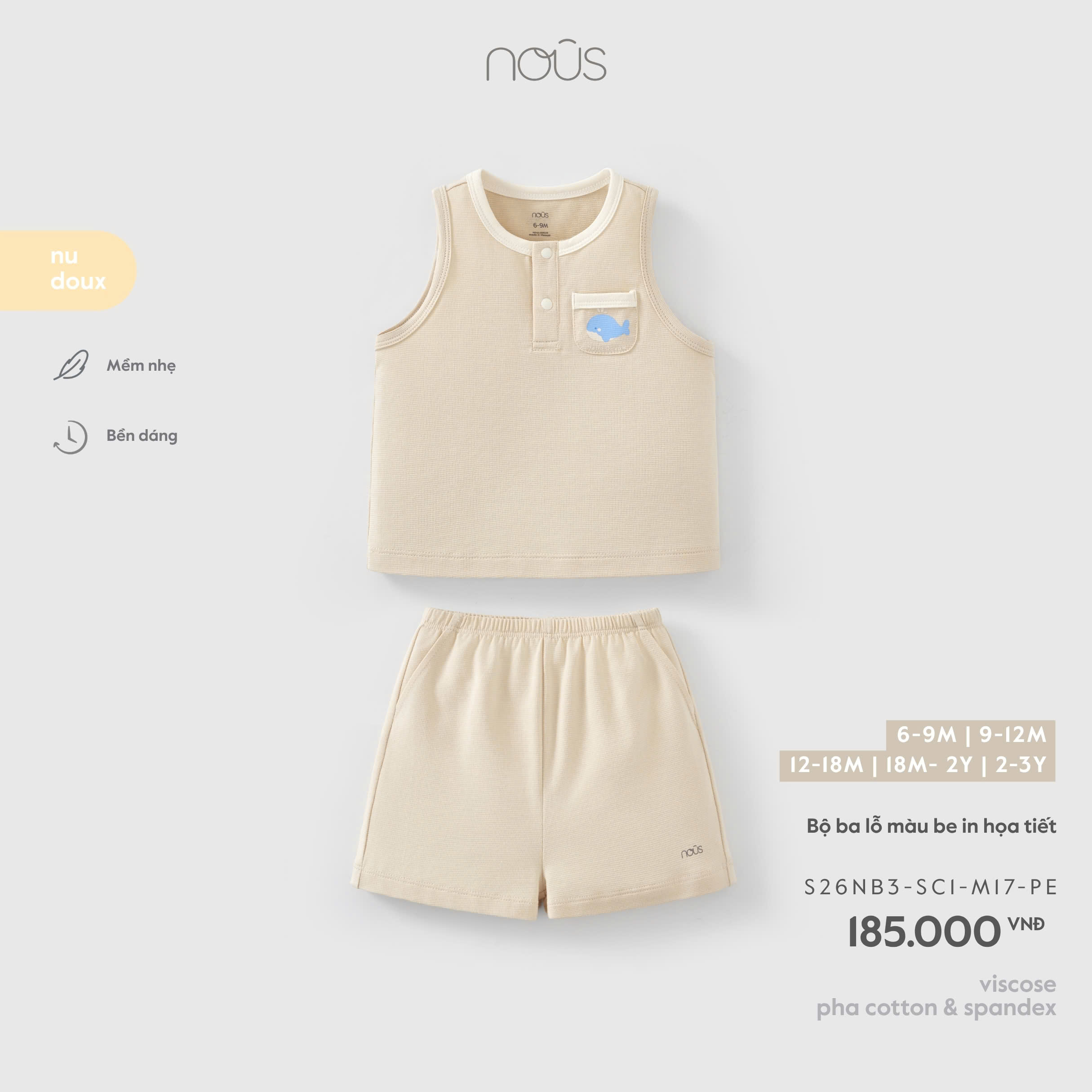 NOUS - Bộ ba lỗ màu be in hoạ tiết cá voi (6M-3Y)