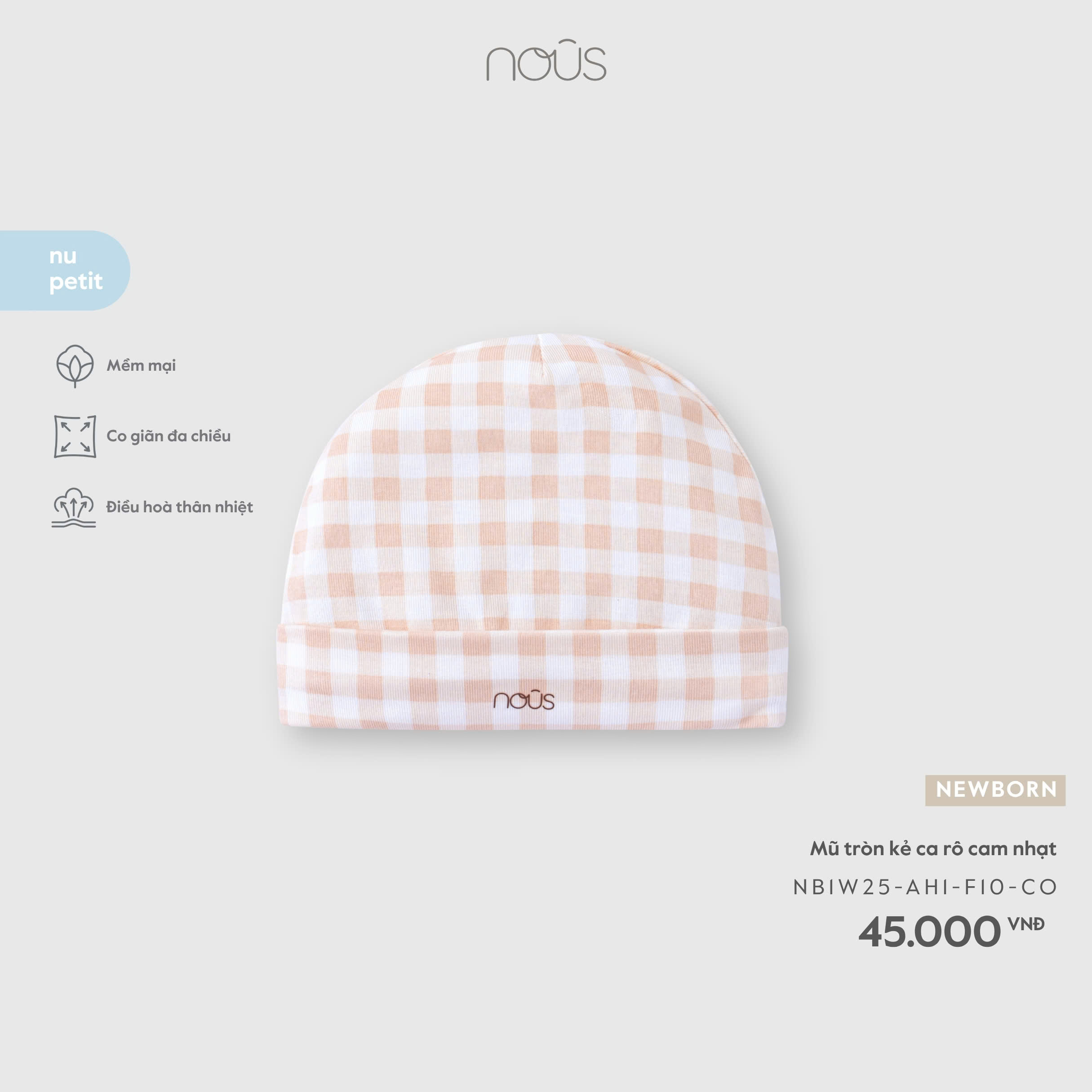 NOUS - Mũ tròn kẻ ca rô cam nhạt NB