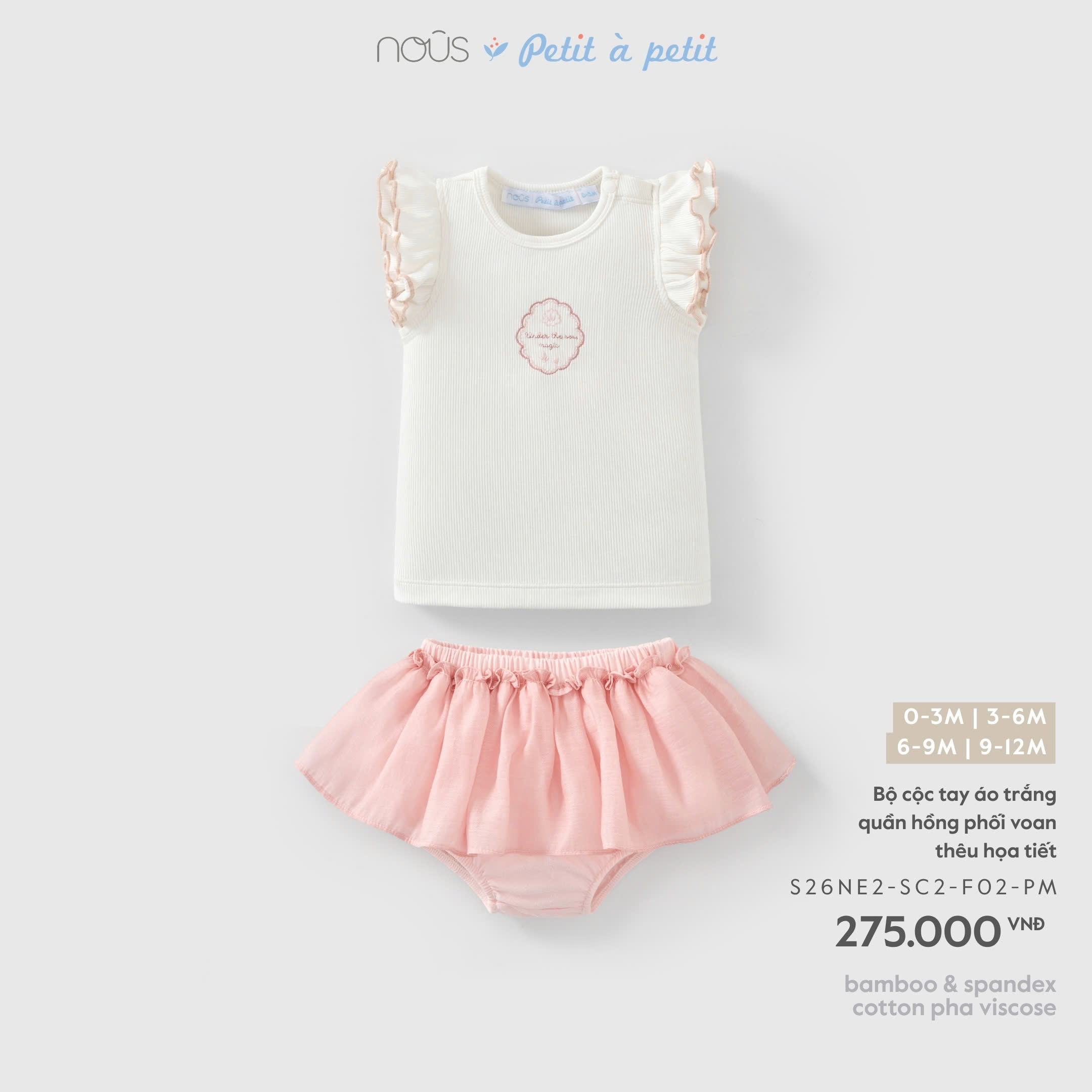NOUS - Bộ cộc tay áo trắng quần hồng phối voan thêu họa tiết (0-12M)