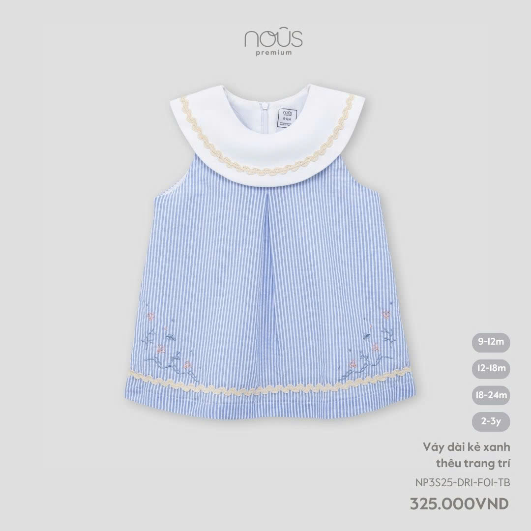 NOUS - Váy dài kẻ xanh thêu trang trí(9M-2Y)